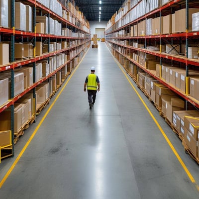 a warehouse worker doing an unoptimized path throughout the aisles to do a picking order